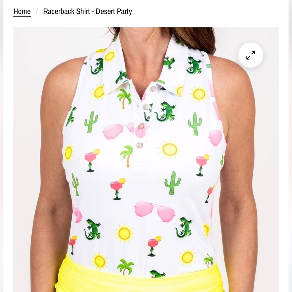 Sleeveless White Tropical Print Polo Tank Top